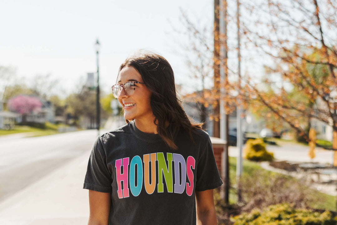 HOUNDS - Multi - Color Varsity Letters (Pick your tee color) - Graphic Tee - The Red Rival