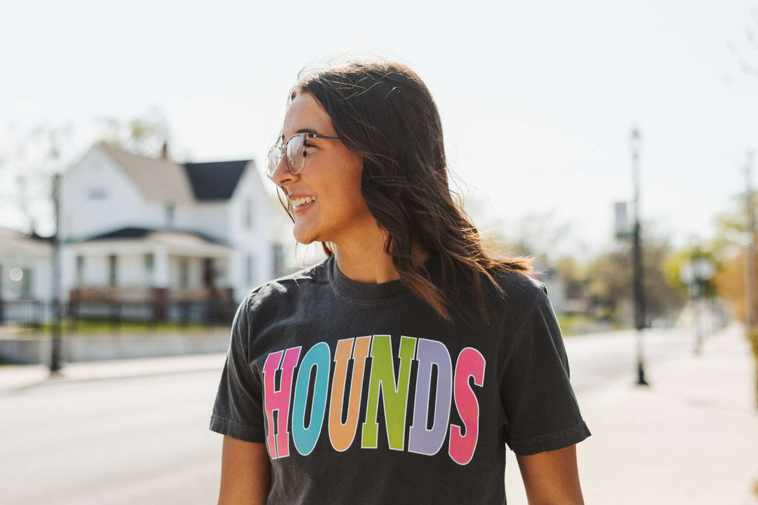 HOUNDS - Multi - Color Varsity Letters (Pick your tee color) - Graphic Tee - The Red Rival