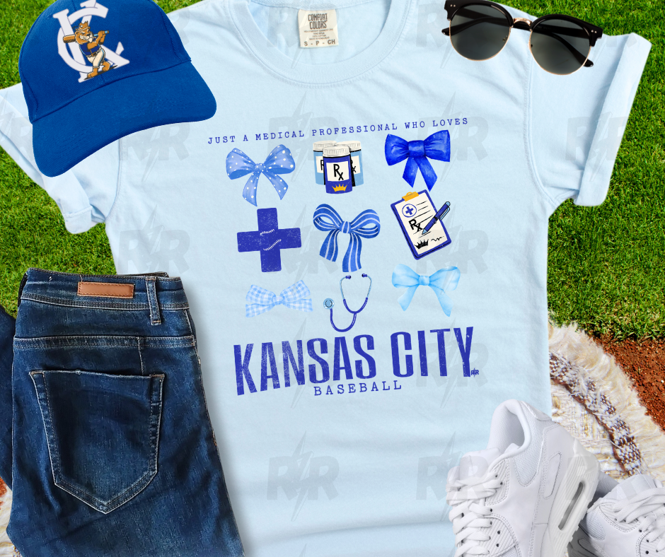 Medical & Bow Icon Collage Just a Medical Professional Who Loves Kansas City Baseball Light Blue Tee - The Red Rival