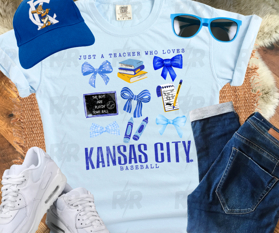 Teacher & Bow Icon Collage Just a Teacher Who Loves Kansas City Baseball Light Blue Tee - The Red Rival