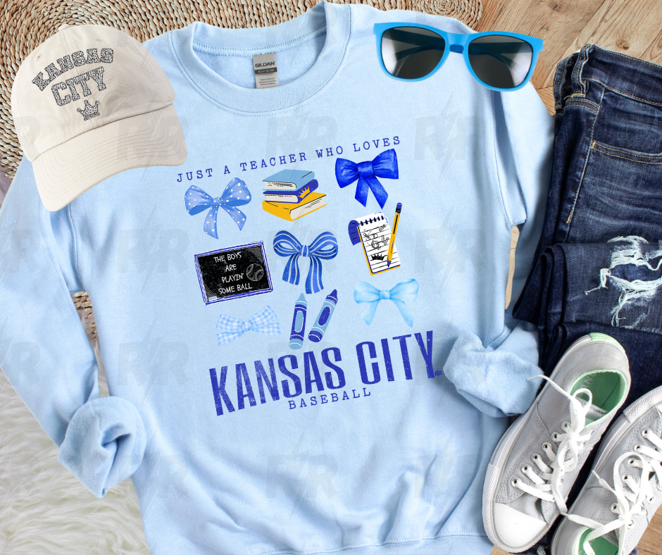 Teacher & Bow Icon Collage Just a Teacher Who Loves Kansas City Baseball Light Blue Sweatshirt - The Red Rival