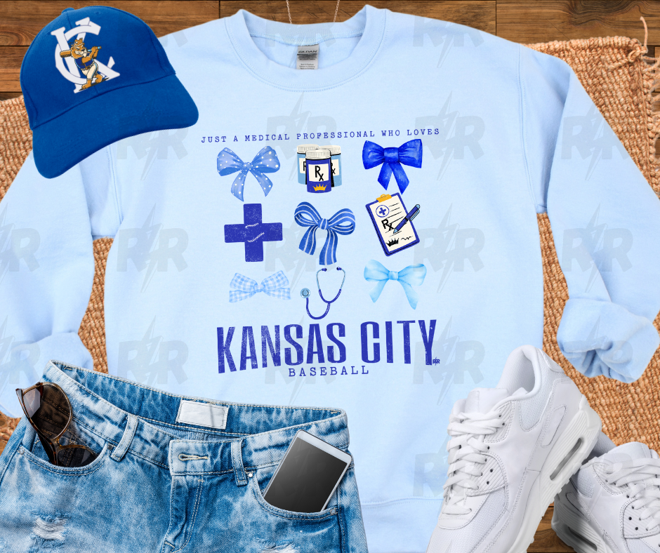 Medical & Bow Icon Collage Just a Medical Professional Who Loves Kansas City Baseball Light Blue Sweatshirt - The Red Rival