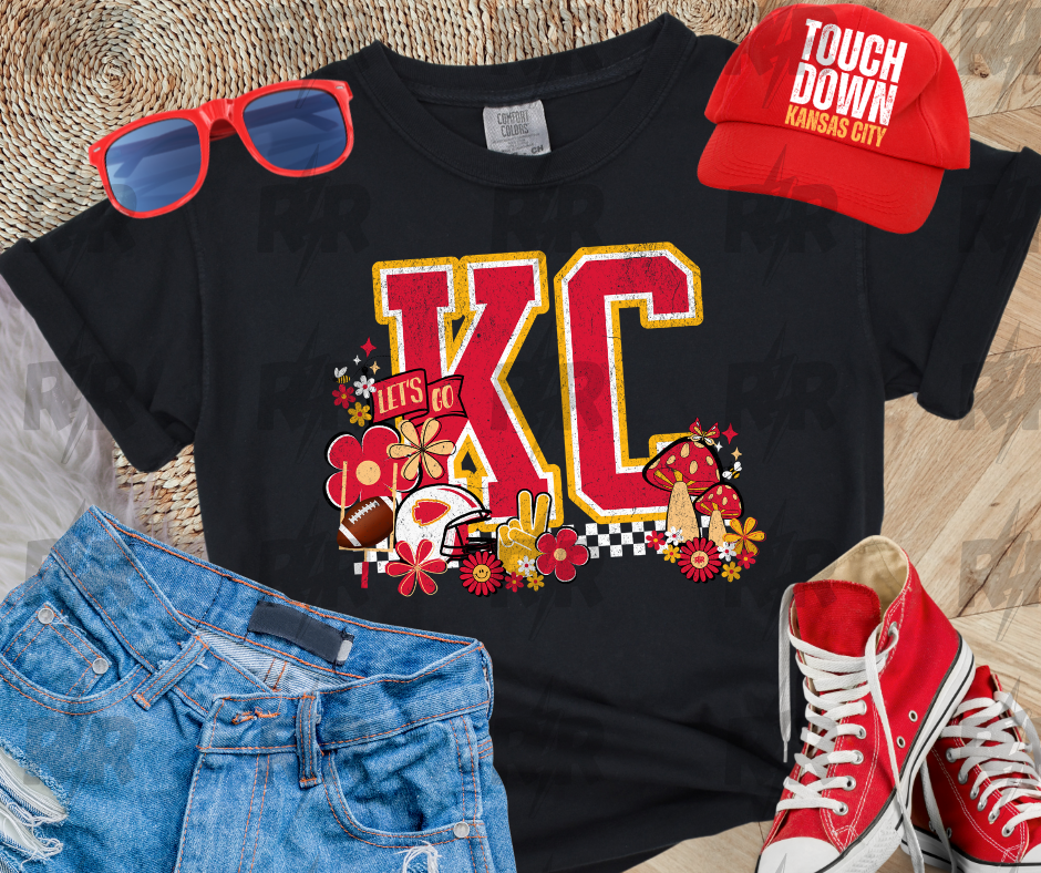 KC Retro Icons w/ Mushrooms Black Tee - The Red Rival