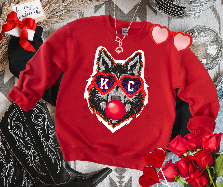 Wolf Blowing Bubble with KC Glasses Red Tee or Sweatshirt - The Red Rival