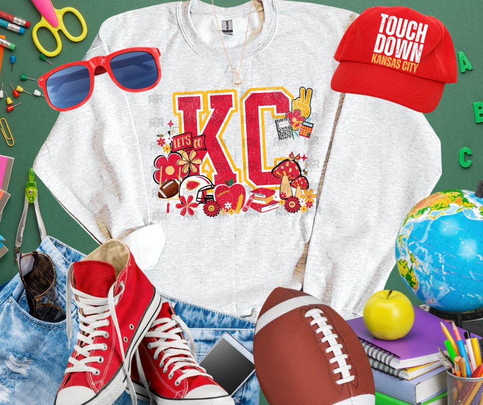 KC Retro School Icons w/ Mushrooms Ash/Natural Sweatshirt - The Red Rival