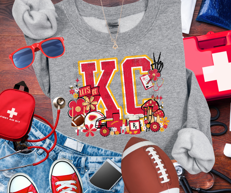 KC Retro Medical Icons w/ Mushrooms Grey Sweatshirt - The Red Rival