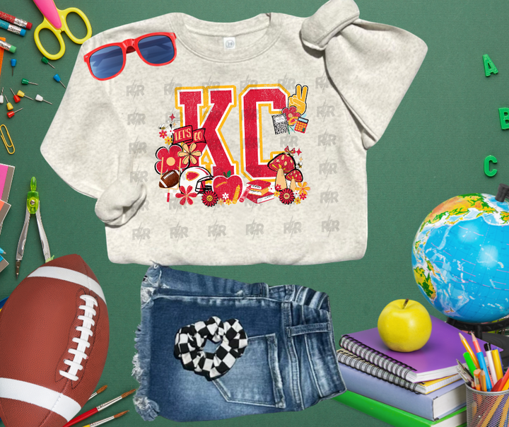 KC Retro School Icons w/ Mushrooms Ash/Natural Sweatshirt - The Red Rival