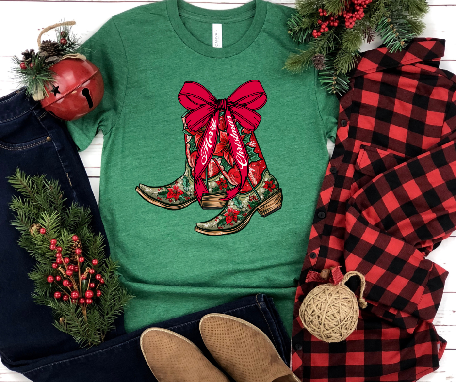 Merry Christmas Cowgirl Poinsettia Floral Boots Green Grass Tee - The Red Rival