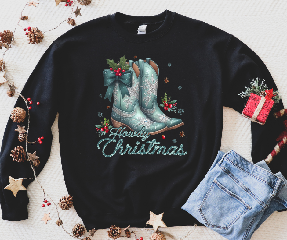 Howdy Christmas TEAL Cowboy Boots Black Sweatshirt - The Red Rival