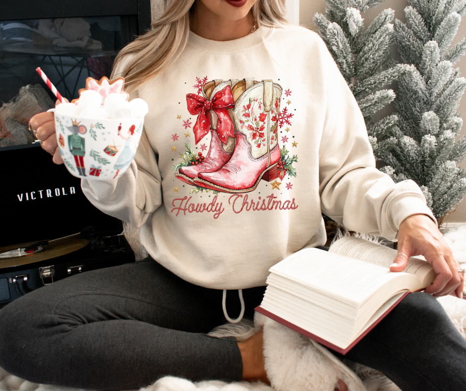 Howdy Christmas Red/Tan Cowboy Boots Tan/Cream Sweatshirt - The Red Rival