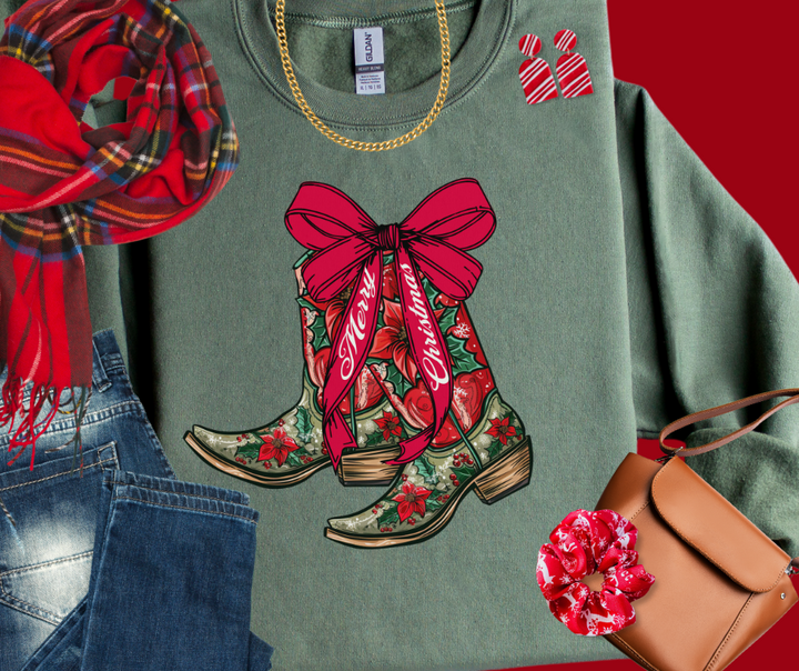 Merry Christmas Cowgirl Poinsettia Floral Boots Military Green Sweatshirt - The Red Rival