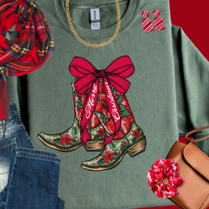 Merry Christmas Cowgirl Poinsettia Floral Boots Military Green Sweatshirt - The Red Rival