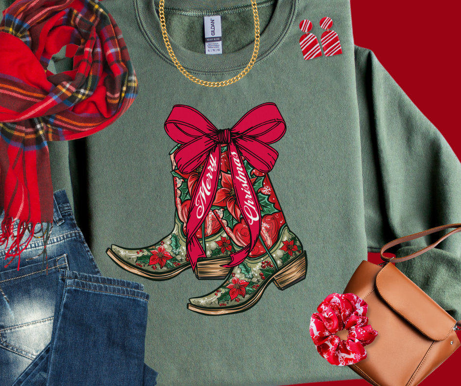 Merry Christmas Cowgirl Poinsettia Floral Boots Military Green Sweatshirt - The Red Rival