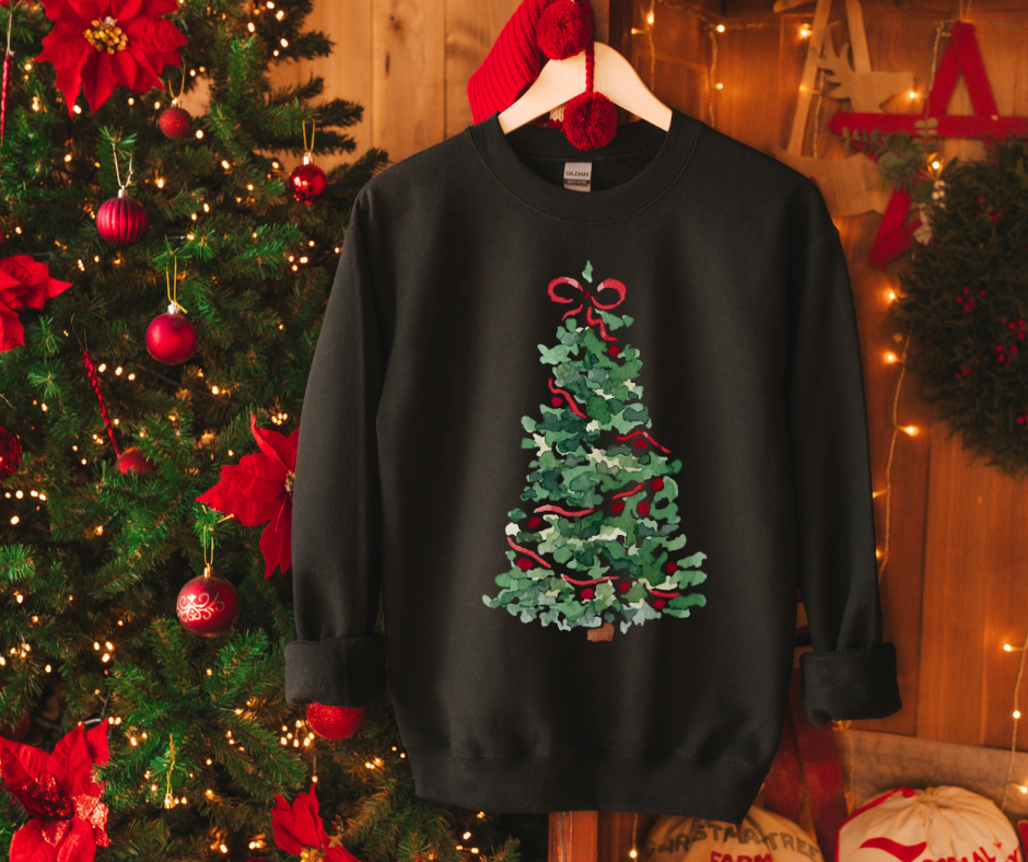 Watercolor Christmas Tree w/ Red Ribbon Black Sweatshirt - The Red Rival