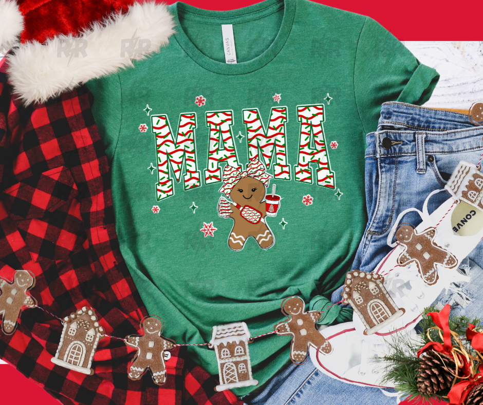 Mama Christmas Cake Pattern Cutesy Gingerbread Girl Green Grass Tee - The Red Rival