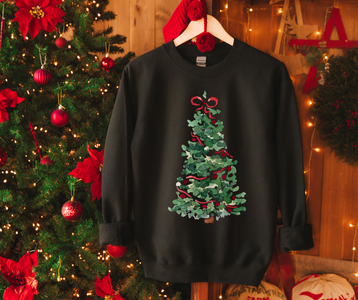 Watercolor Christmas Tree w/ Red Ribbon Black Sweatshirt - The Red Rival