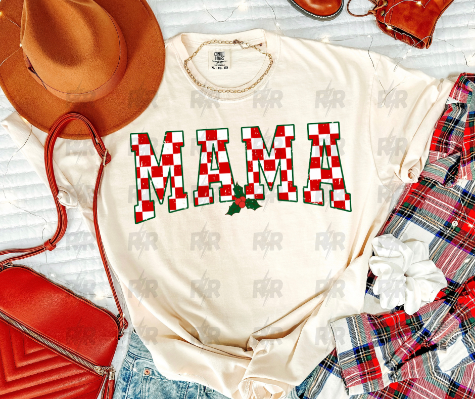 Red & White Checkered Mistletoe Mama Cream Tee - The Red Rival