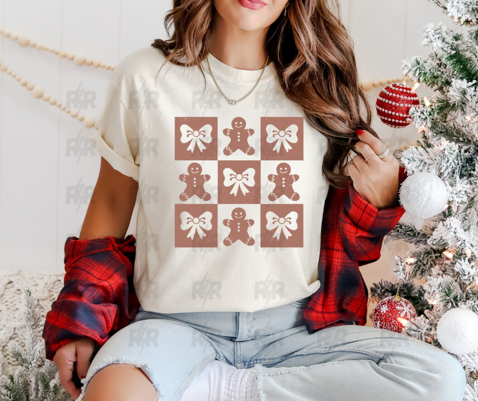 Checkered Gingerbread & Bow Pattern Cream Tee - The Red Rival