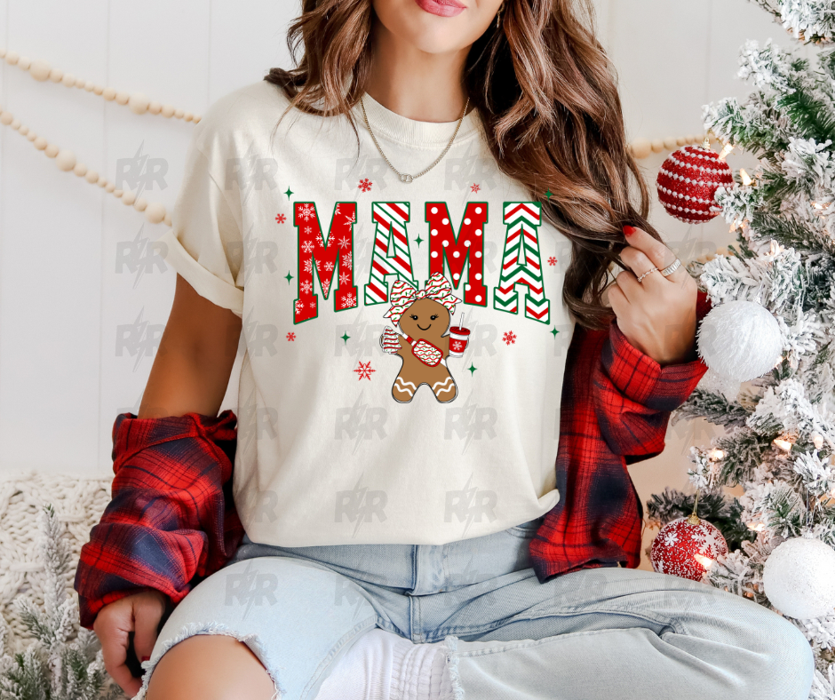 Alternating Christmas Patterned Mama Gingerbread Girl Cream Tee - The Red Rival