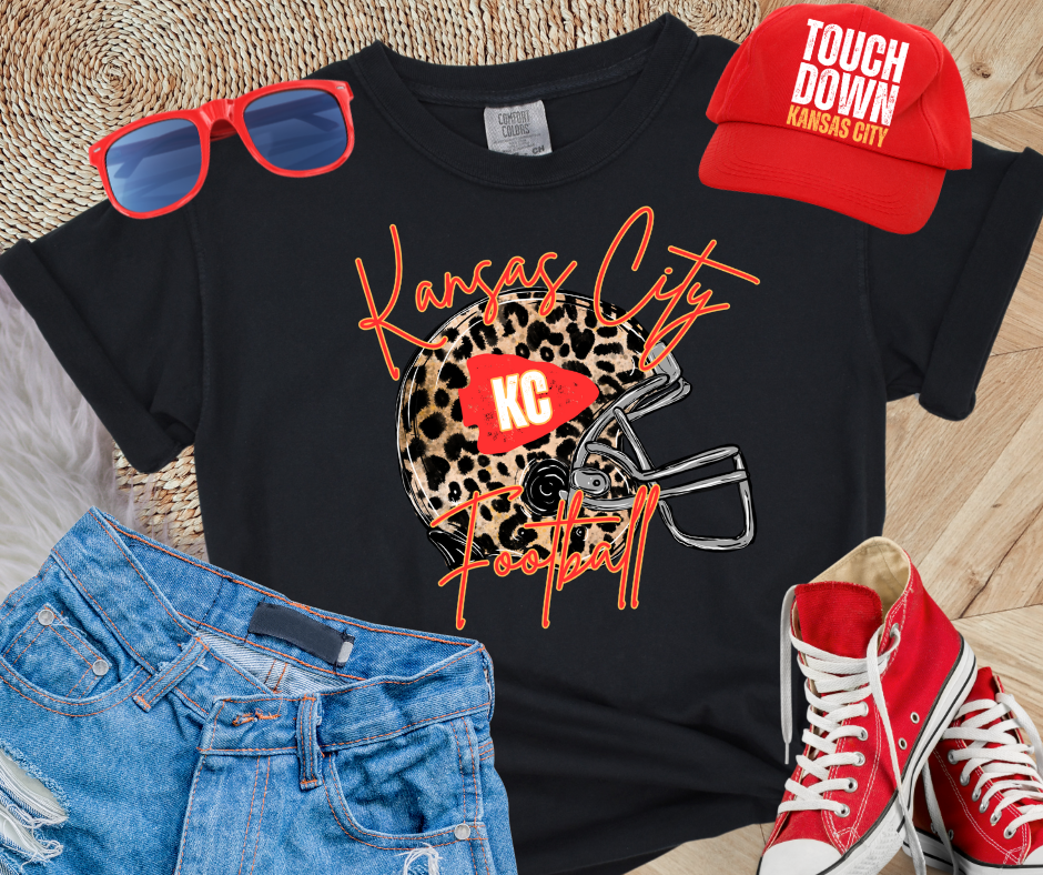 Kansas City Football Leopard Helmet Black Tee - The Red Rival