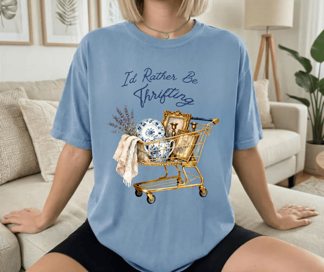 I'd Rather Be Thrifting Shopping Cart Blue Tee - Wholesale - The Red Rival