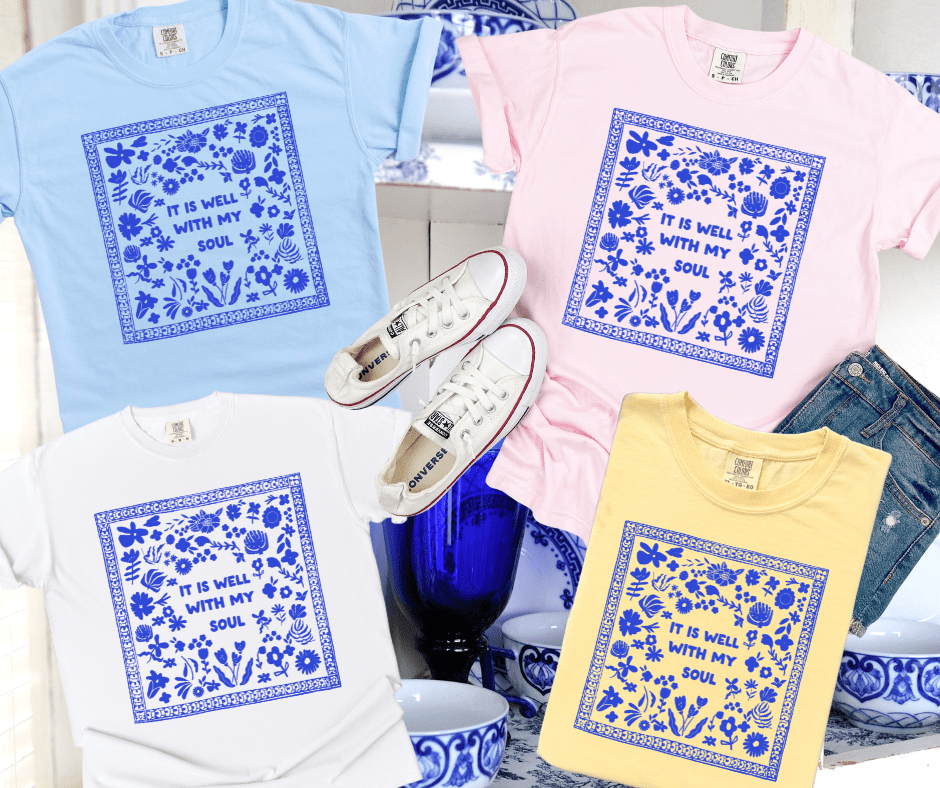 It is Well With My Soul Blue Flowers (Pick your tee color) - Graphic Tee - The Red Rival