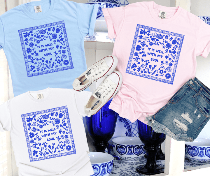 It is Well With My Soul Blue Flowers (Pick your tee color) - Graphic Tee - The Red Rival