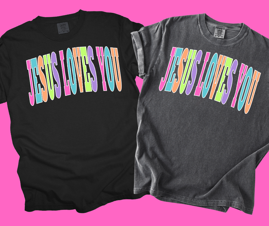 JESUS LOVES YOU - Multi - Color Varsity Letters (Pick your tee color) - Graphic Tee - The Red Rival