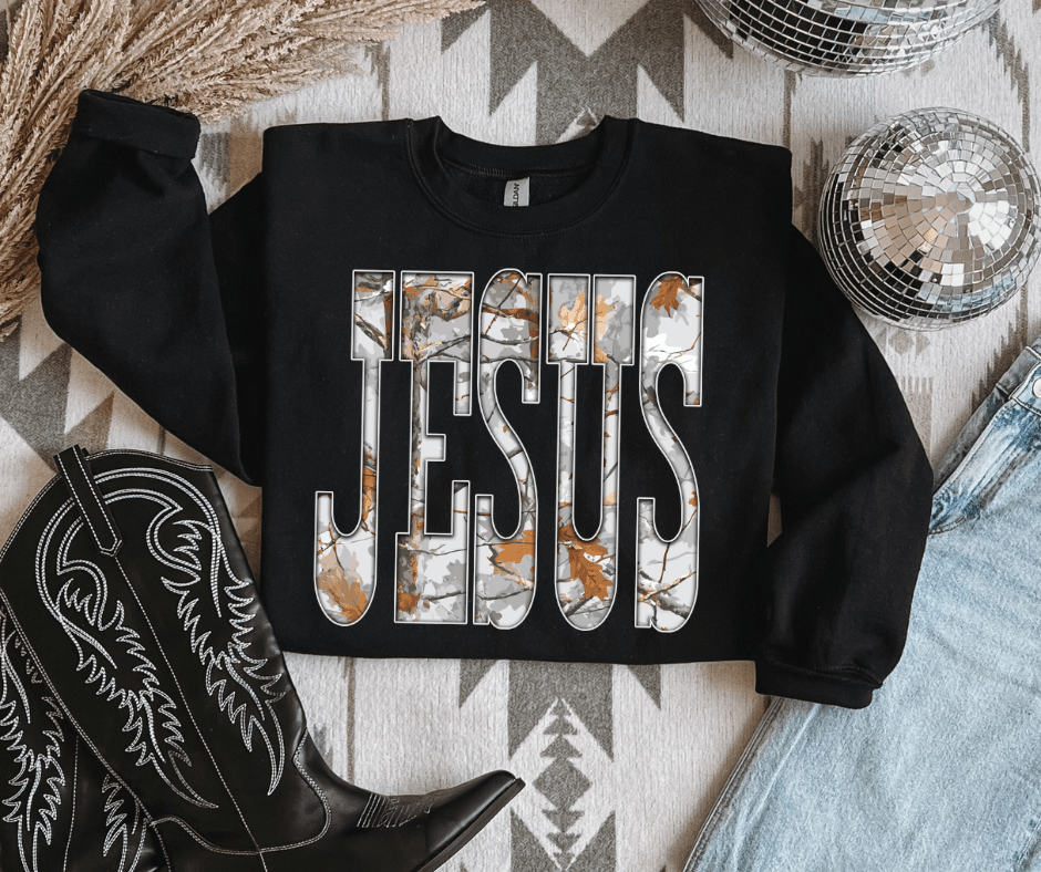 Jesus Snow Camo Block Letters Black Tee or Sweatshirt - Tees - The Red Rival