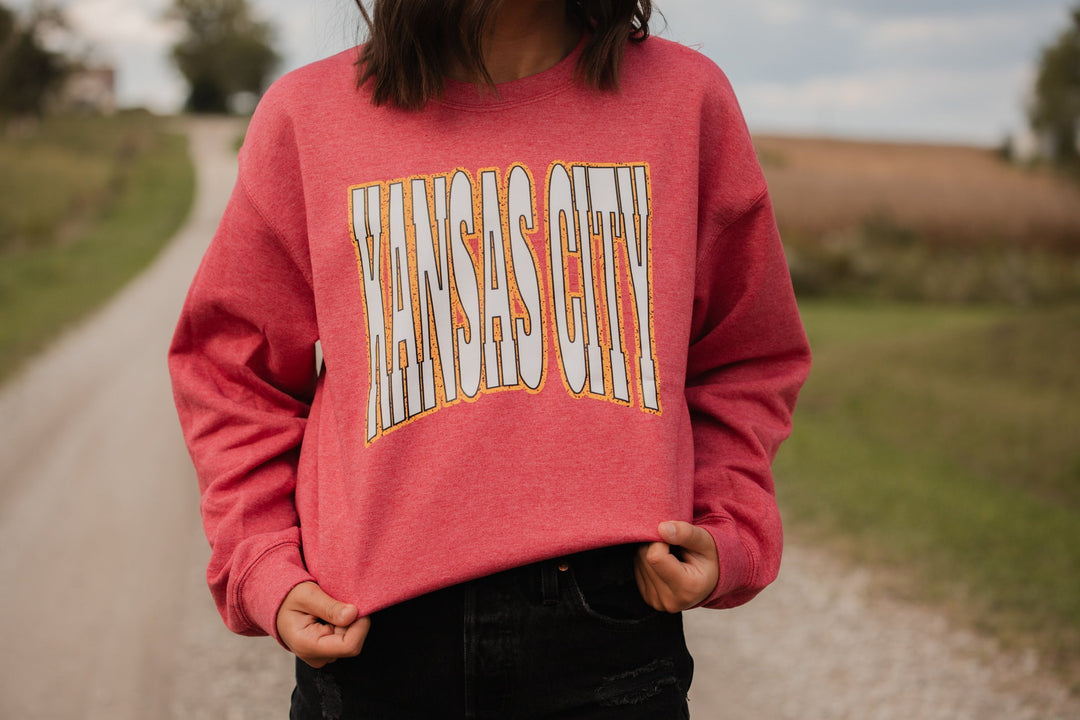 Kansas City Block Letters on Heather Red Sweatshirt - Tees & Sweatshirts - The Red Rival