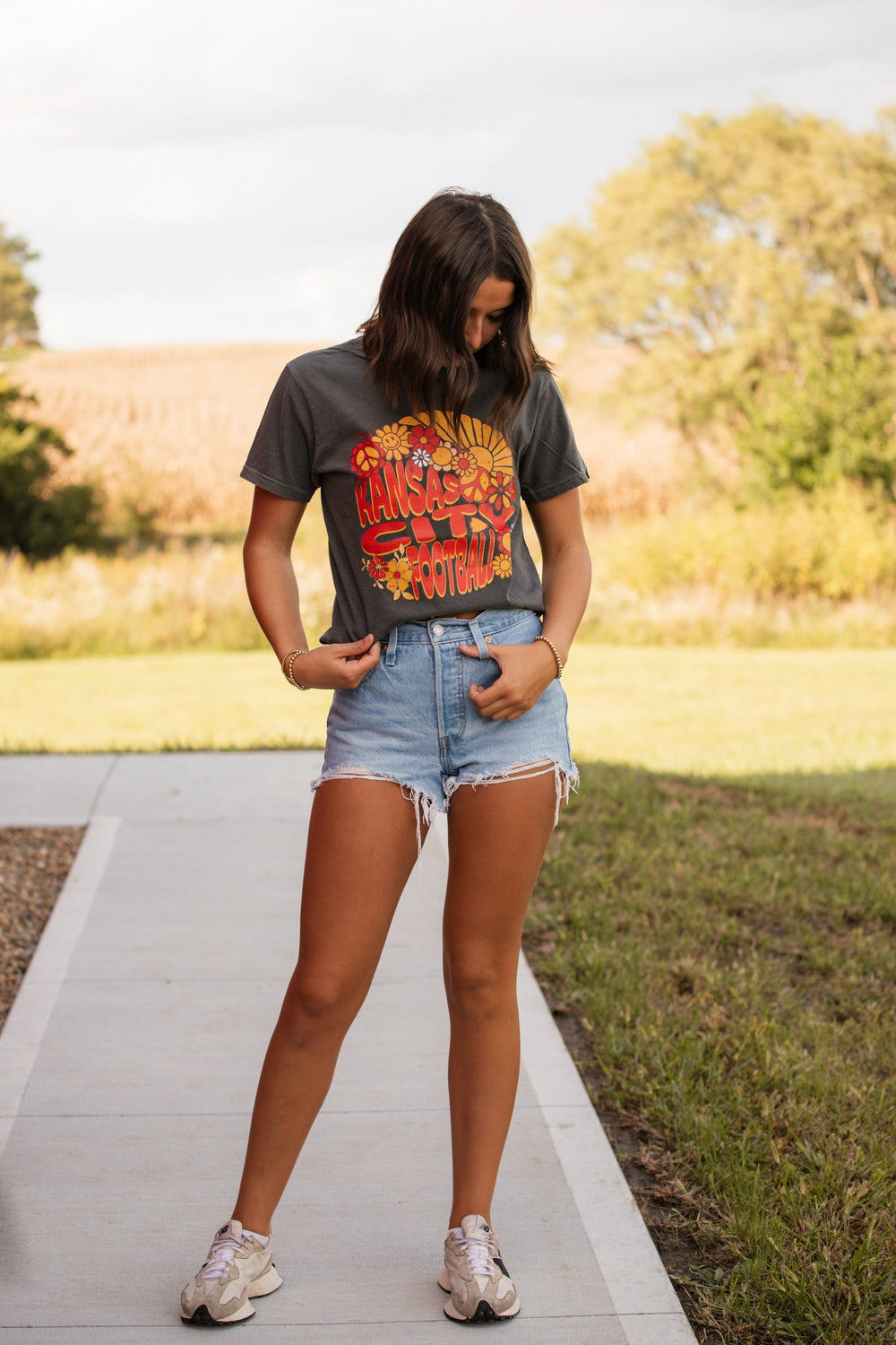 Kansas City Football Retro Sun Happy Face Flowers Pepper Tee - Graphic Tee - The Red Rival