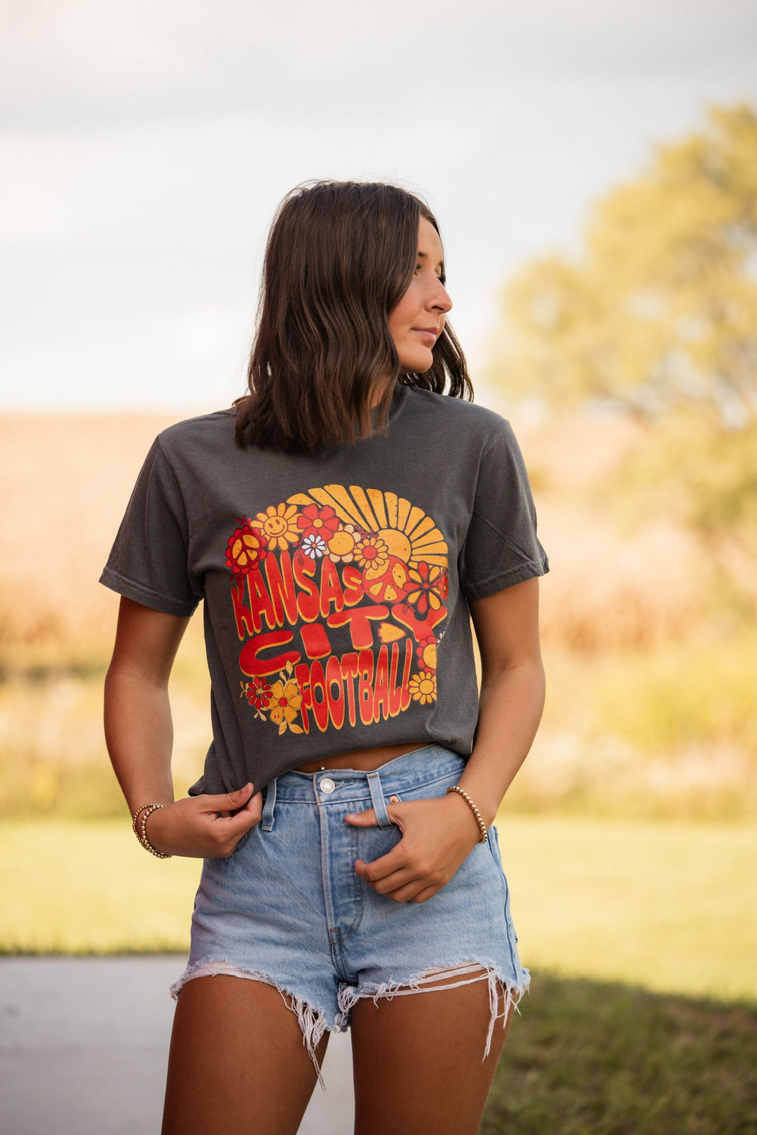 Kansas City Football Retro Sun Happy Face Flowers Pepper Tee - Graphic Tee - The Red Rival