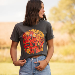 Kansas City Football Retro Sun Happy Face Flowers Pepper Tee - Graphic Tee - The Red Rival