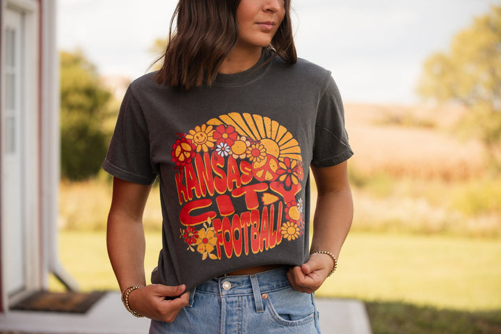 Kansas City Football Retro Sun Happy Face Flowers Pepper Tee - Graphic Tee - The Red Rival