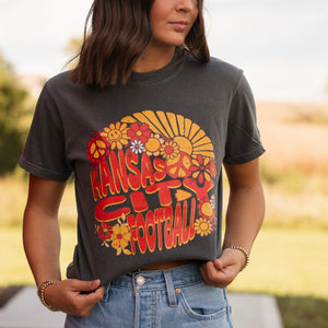 Kansas City Football Retro Sun Happy Face Flowers Pepper Tee - Graphic Tee - The Red Rival