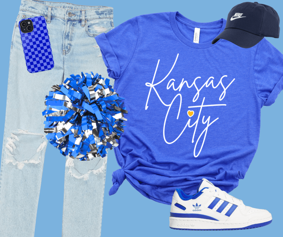 Kansas City Script Gold Heart Heather Royal Blue Tee - Tees - The Red Rival