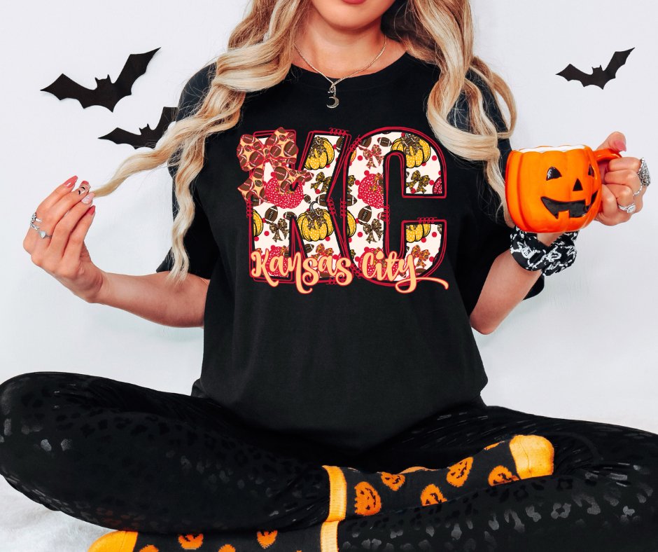 KC Fall Pumpkin Doodle Letters Black Tee - Graphic Tee - The Red Rival