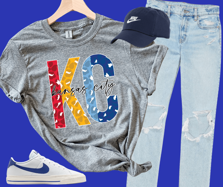 KC Football/KC Baseball Split Leopard KC Letters Grey Tee or Sweatshirt - Tees - The Red Rival