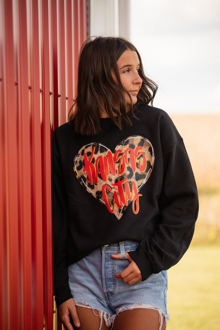 Leaoprd Heart w/ Red Kansas City Black Sweatshirt or Tee - Tees - The Red Rival