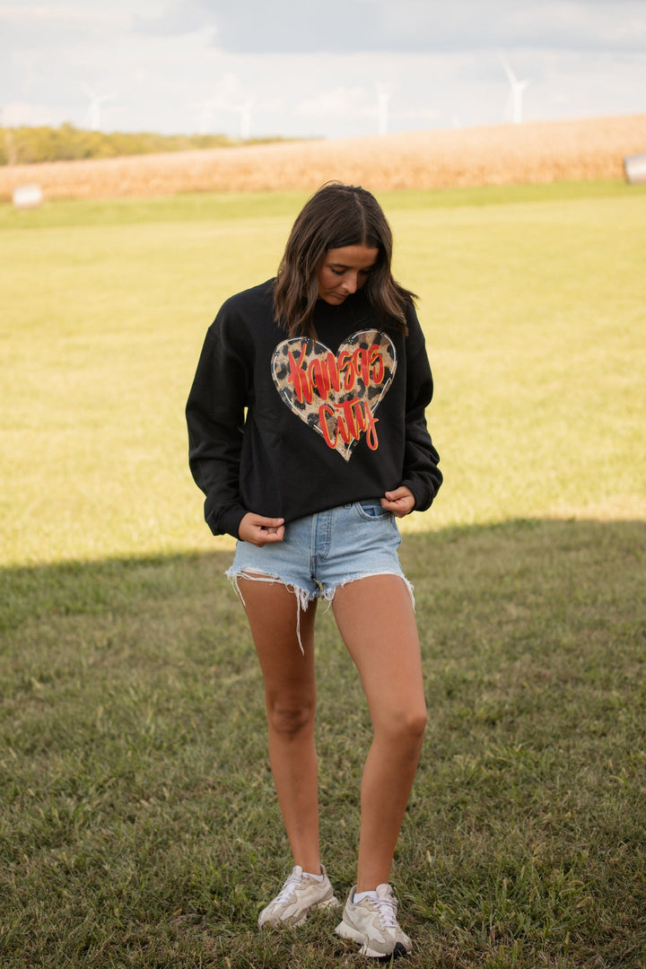 Leaoprd Heart w/ Red Kansas City Black Sweatshirt or Tee - Tees - The Red Rival