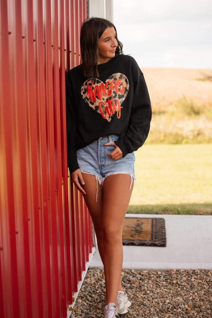 Leaoprd Heart w/ Red Kansas City Black Sweatshirt or Tee - Tees - The Red Rival