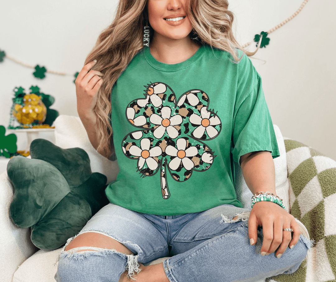 Leopard Daisy Four Leaf Clover Green Tee - Tees - The Red Rival