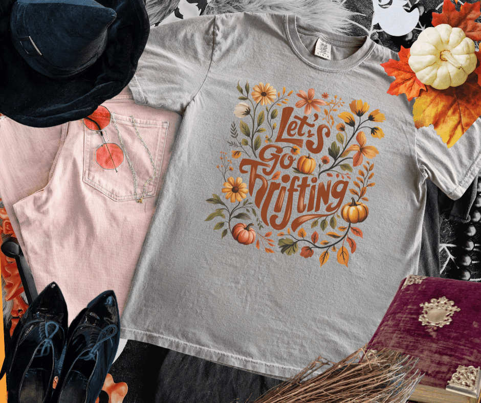 Let's Go Thrifting Flowers & Pumpkins Grey Tee - Tees - The Red Rival