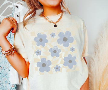 Light Blue Flower Pattern Ivory Tee - Graphic Tee - The Red Rival