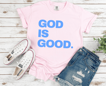 Light Blue God Is Good on Light Pink Tee - Graphic Tee - The Red Rival