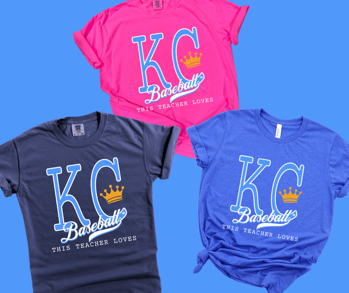 Light Blue & White This Teacher Loves KC Baseball (Pick Your Tee Color) - Tees - The Red Rival