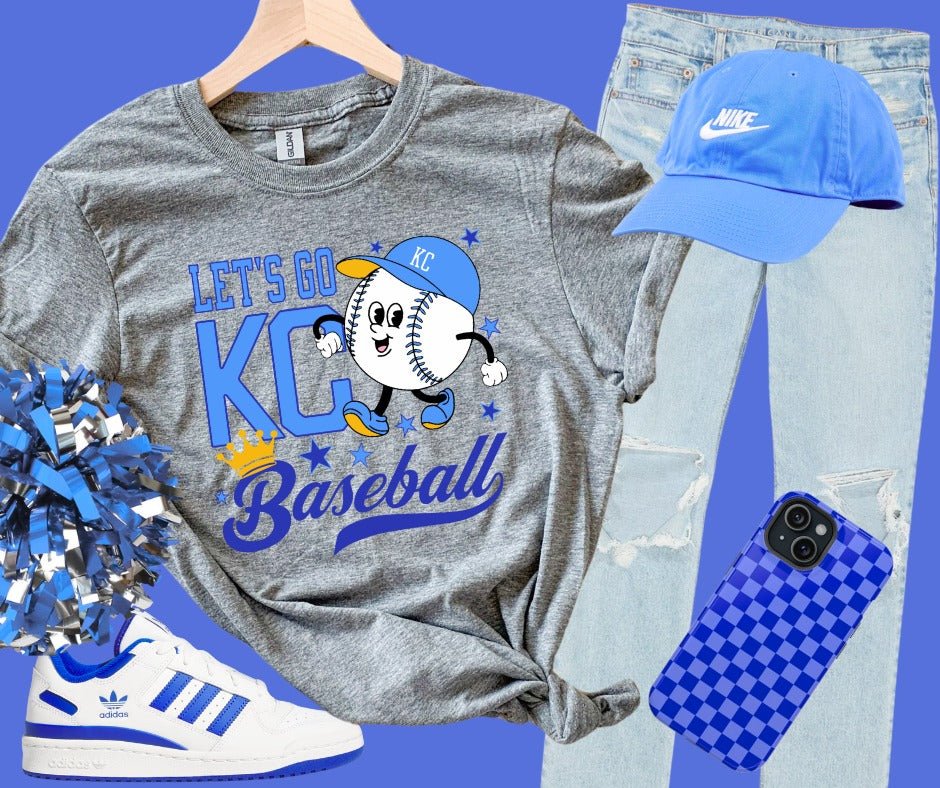 Light Blue/Royal Blue Let's Go KC Baseball Grey Tee - Tees - The Red Rival