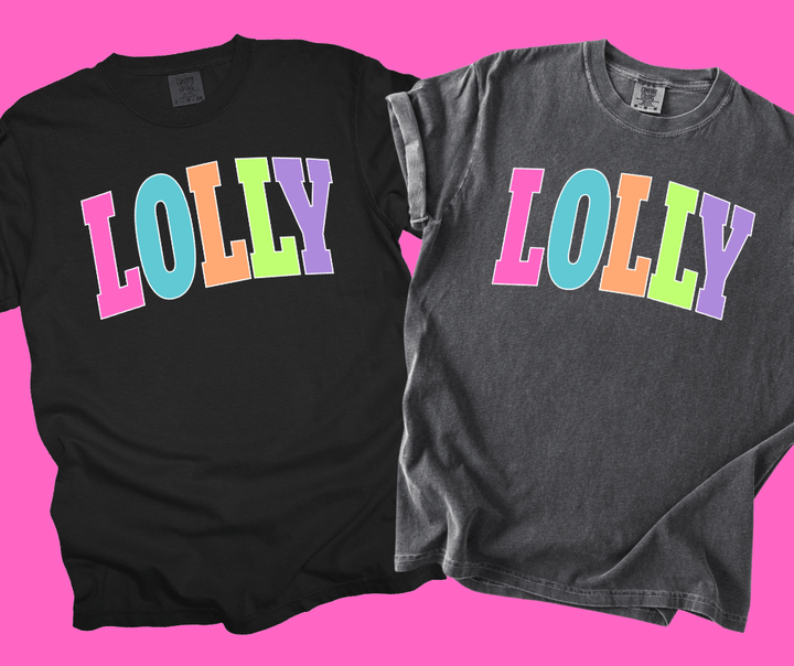 LOLLY - Multi - Color Varsity Letters (Pick your design &amp; tee color) - Graphic Tee - The Red Rival