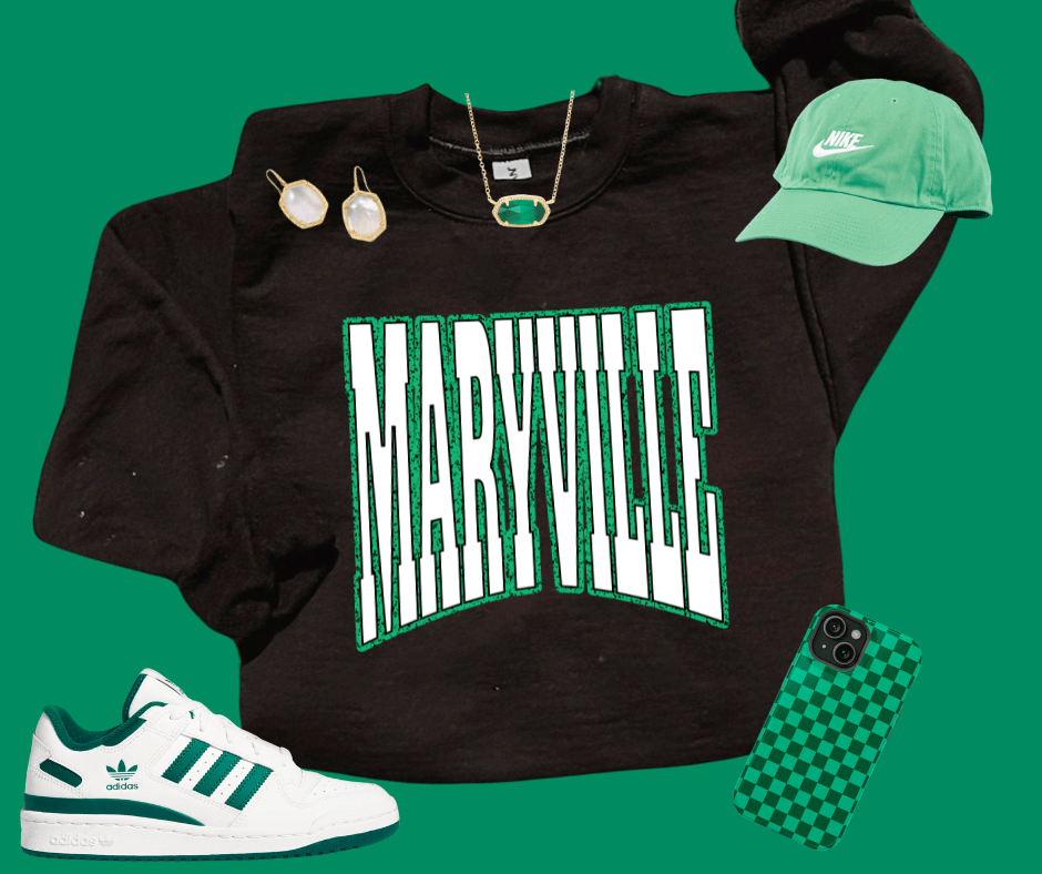 MARYVILLE Block Letters Green Outline (Pick Your Sweatshirt Color) - Wholesale - The Red Rival