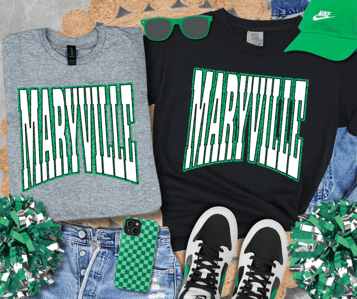 MARYVILLE Block Letters Green Outline (Pick Your TShirt Color) - Wholesale - The Red Rival